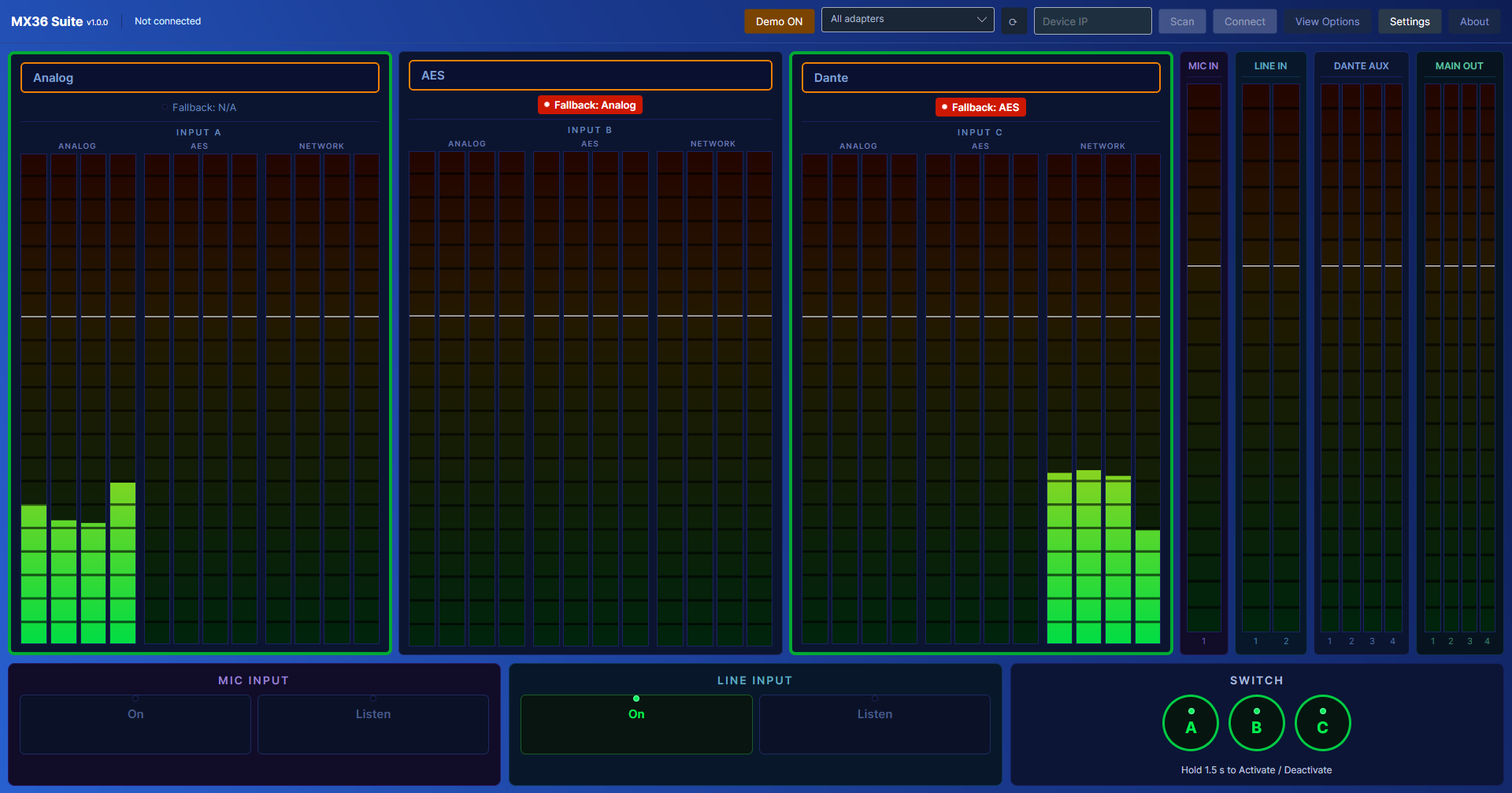 MX36 Suite — real-time VU metering across all three input blocks